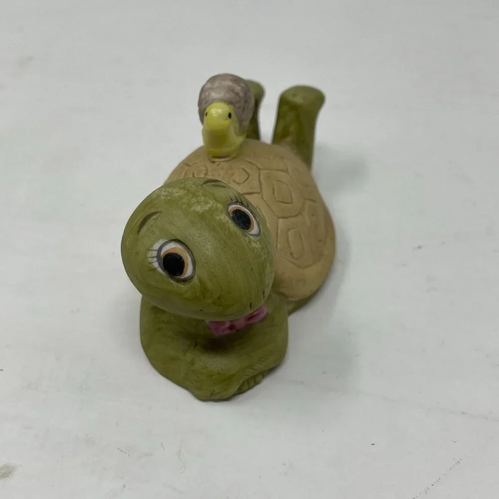Vintage Ceramic Turtle Figurine Baby Turtle Riding On Back Laying Down Comfy - Picture 5 of 9
